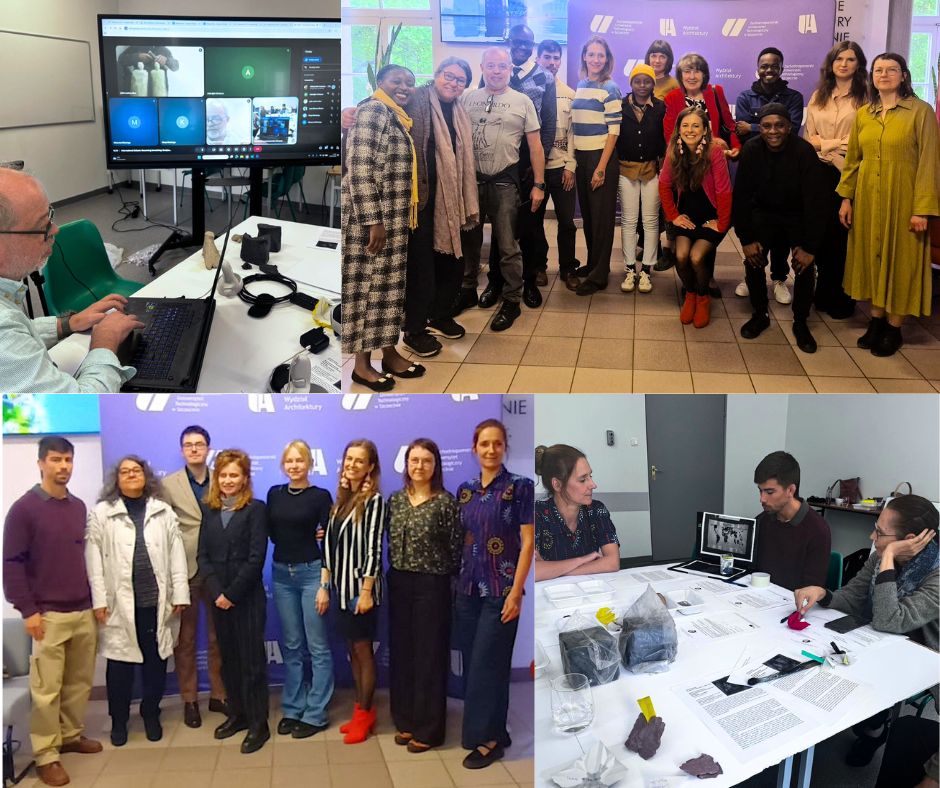 A collage of photos representing people during workshops and debates