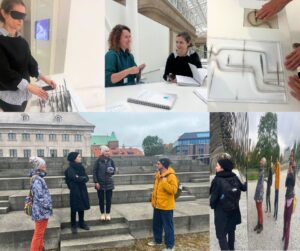 A collage of photots with people in a gallery and in the city