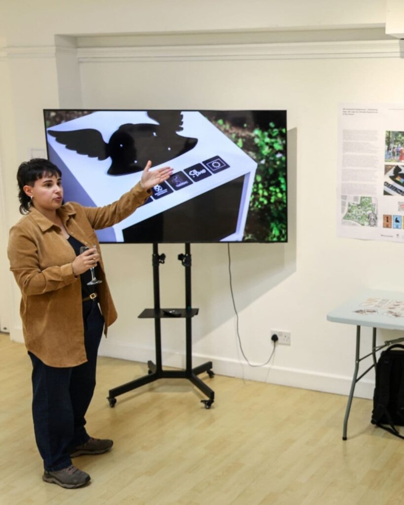 Katerina Zannou presenting Narratologies during the Emergent Dots exhibition in London